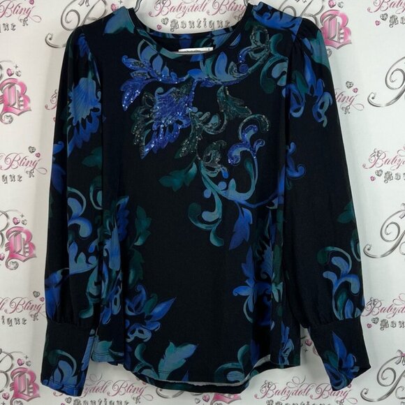 Chico's Tops - Chico's blouse long sleeve sequins sparkly shimmer Black and Blue Floral Blouse